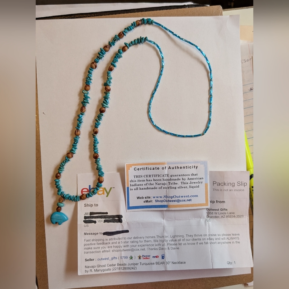 Navaho Ghost Cedar Beads, Juniper, Turquoise Bear Necklace